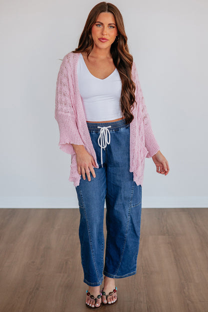 Old Rose Hollow Knit Drop Shoulder Cardigan Sweater