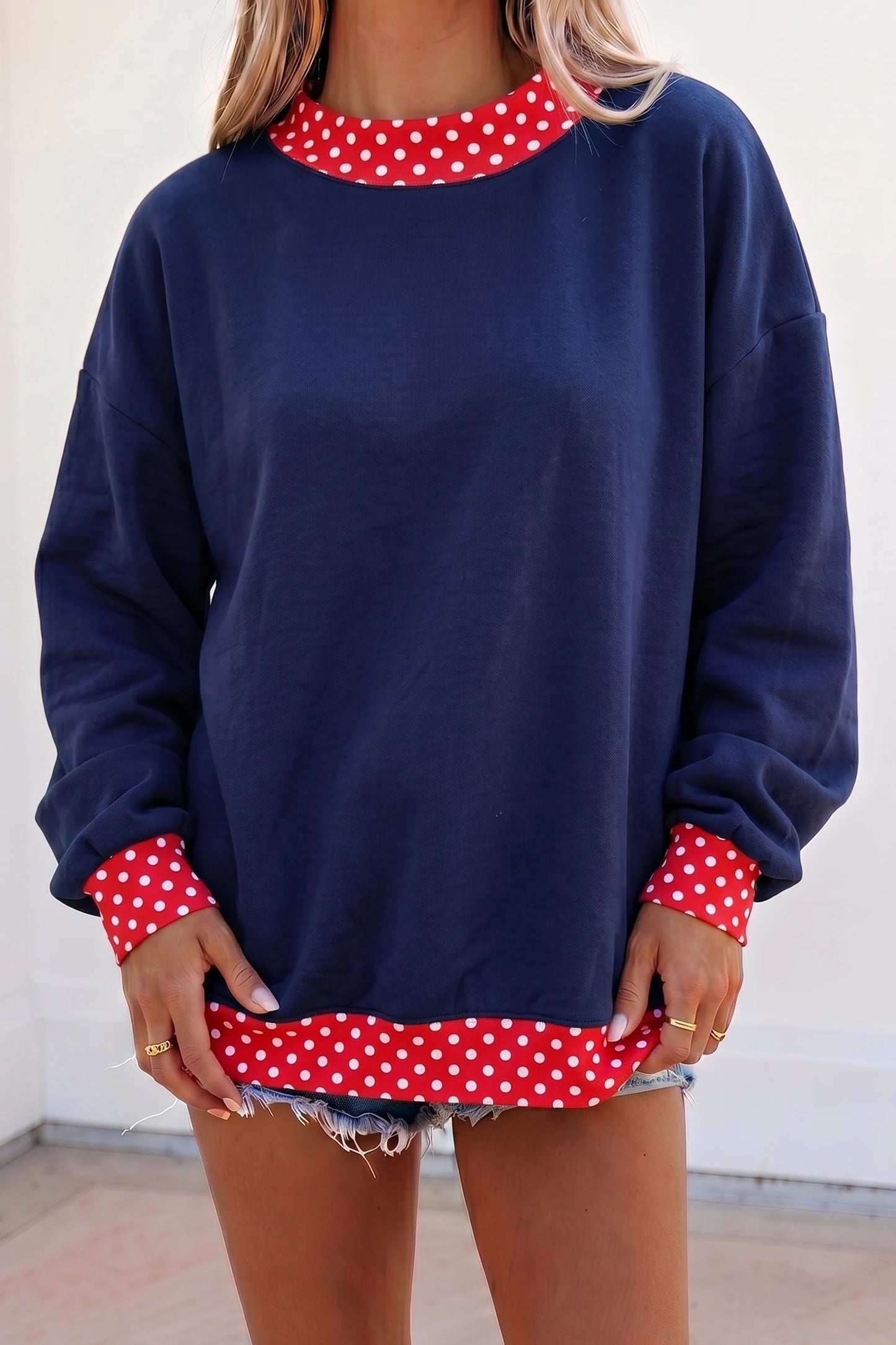 Red Polka Dot Trim Oversized Colorblock Sweatshirt