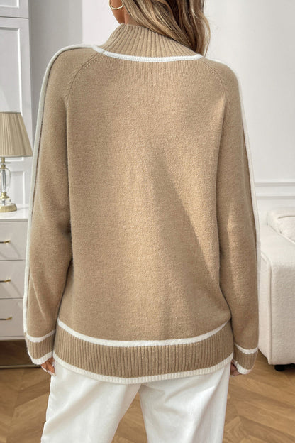 Colorblock Mock Neck Knit Sweater with Raglan Sleeves