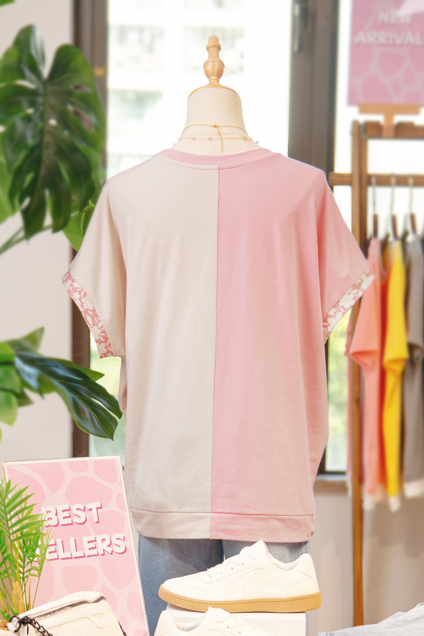 Women Color Block Flower Applique Casual T Shirt