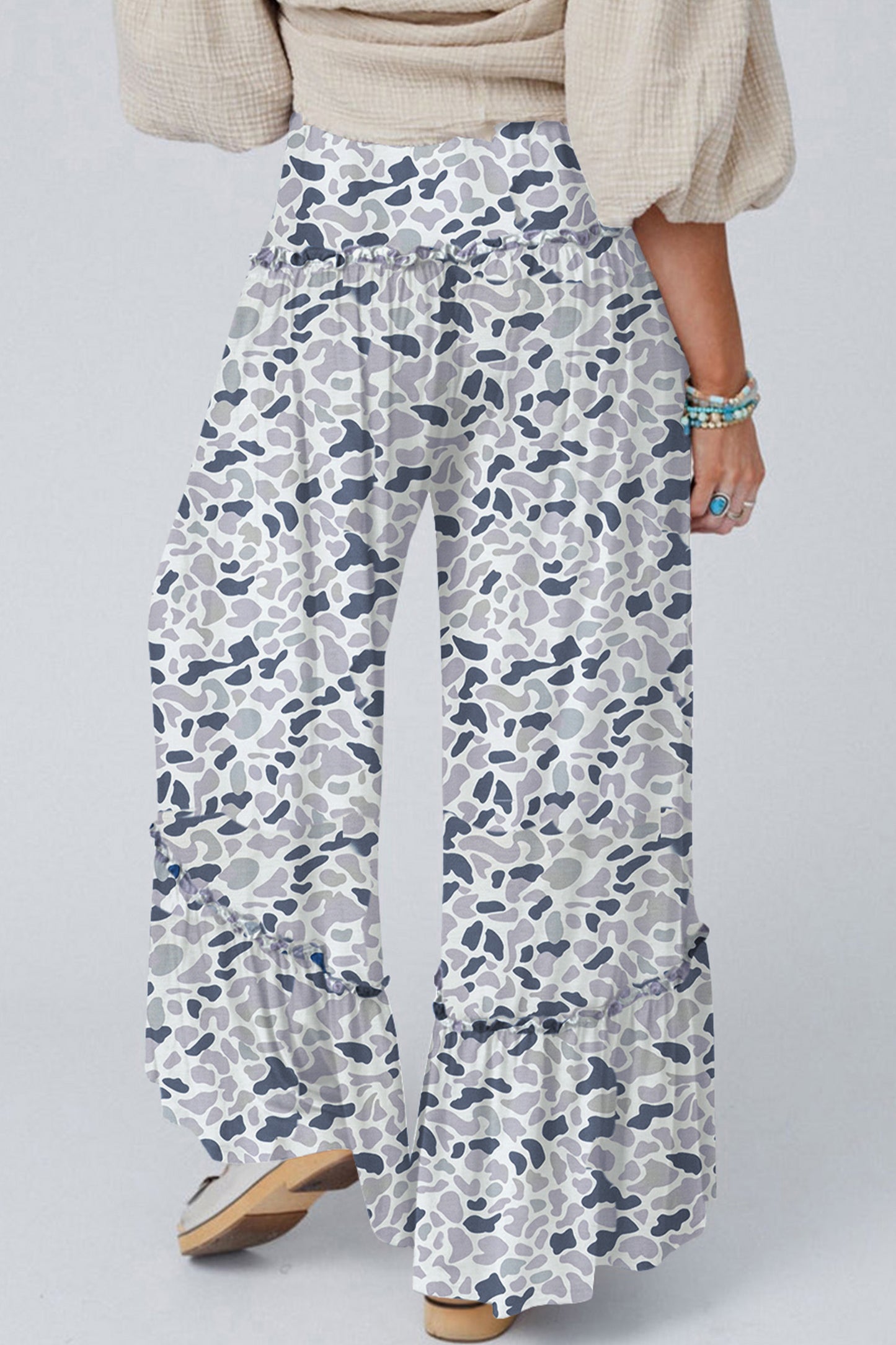 Boho Floral Wide Leg Pants High Waist Ruffle Hem