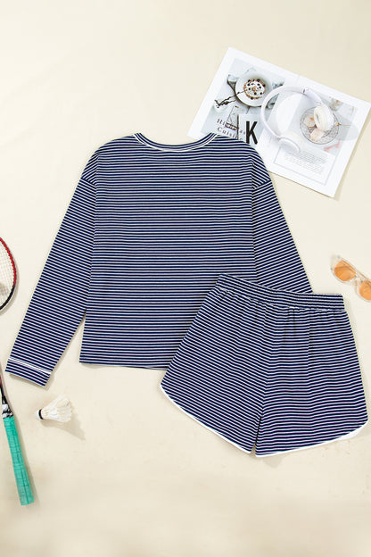 Blue Striped Long Sleeve Top and Buttoned Shorts Lounge Set