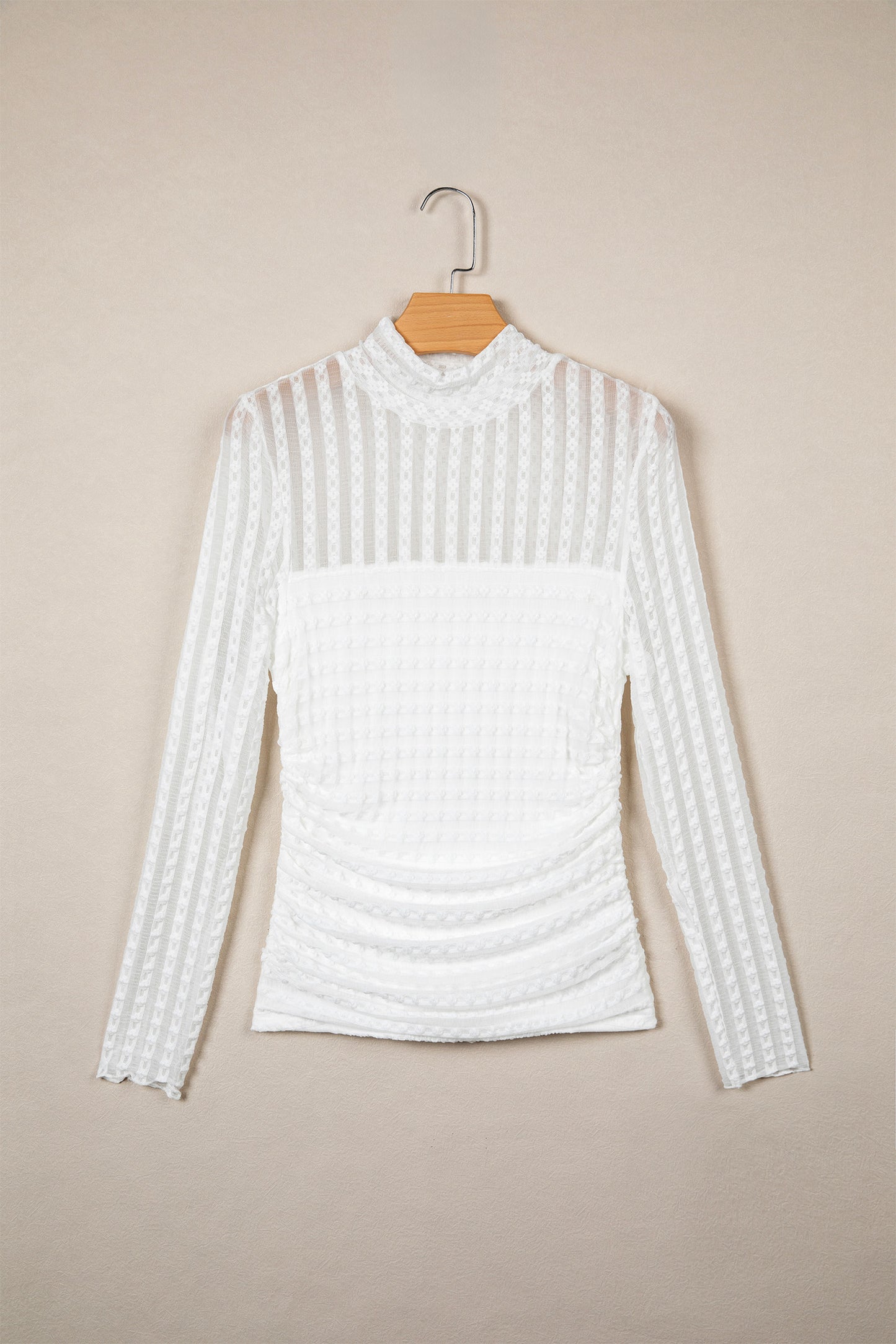 Beige Textured Sheer Lace High Neck Long Sleeve Top