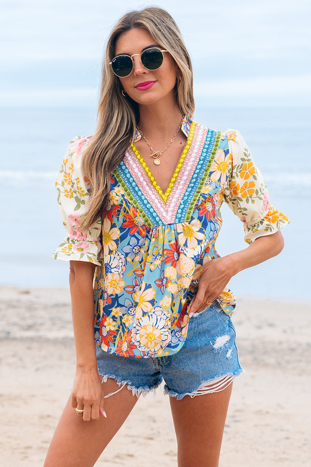 Boho Floral V Neck Crochet Trim Puff Sleeve Blouse