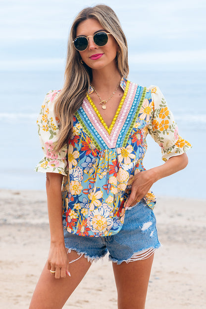 Boho Floral V Neck Crochet Trim Puff Sleeve Blouse