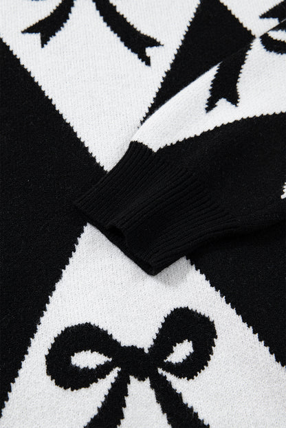 Black White Bow Argyle Knit Oversized Sweater