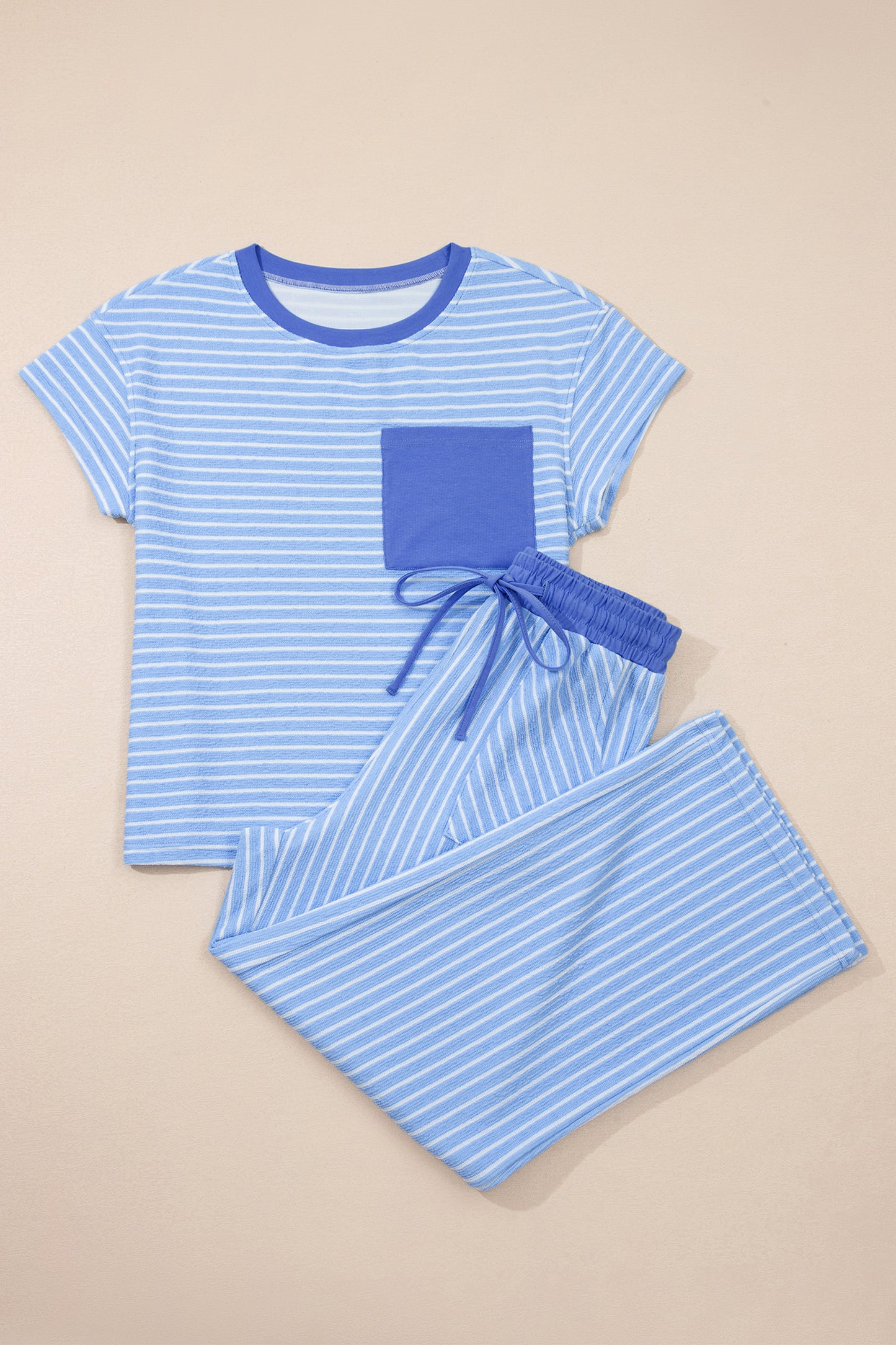 Khaki Stripe Crew Neck Tee Drawstring Waist Cropped Pants Set