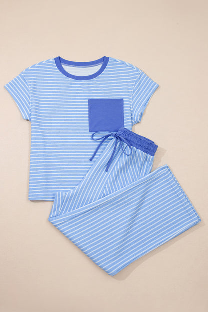 Khaki Stripe Crew Neck Tee Drawstring Waist Cropped Pants Set