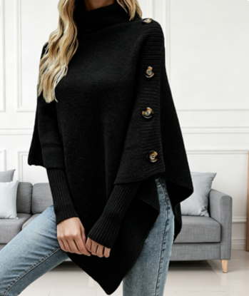 Women Turtleneck Poncho Sweater Button Cape Knit Top