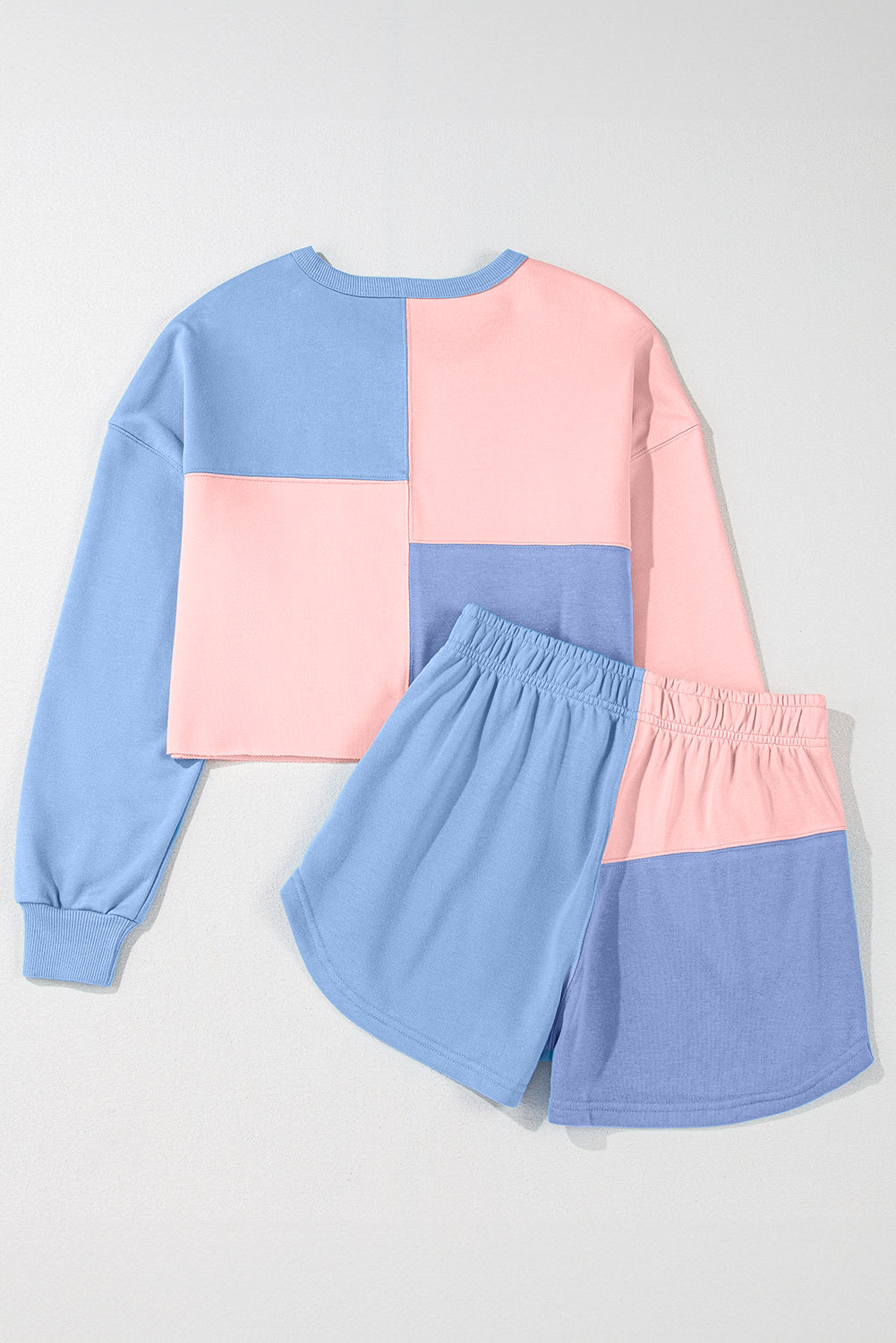 Peach Blossom Colorblock Patchwork Long Sleeve Shorts Outfit