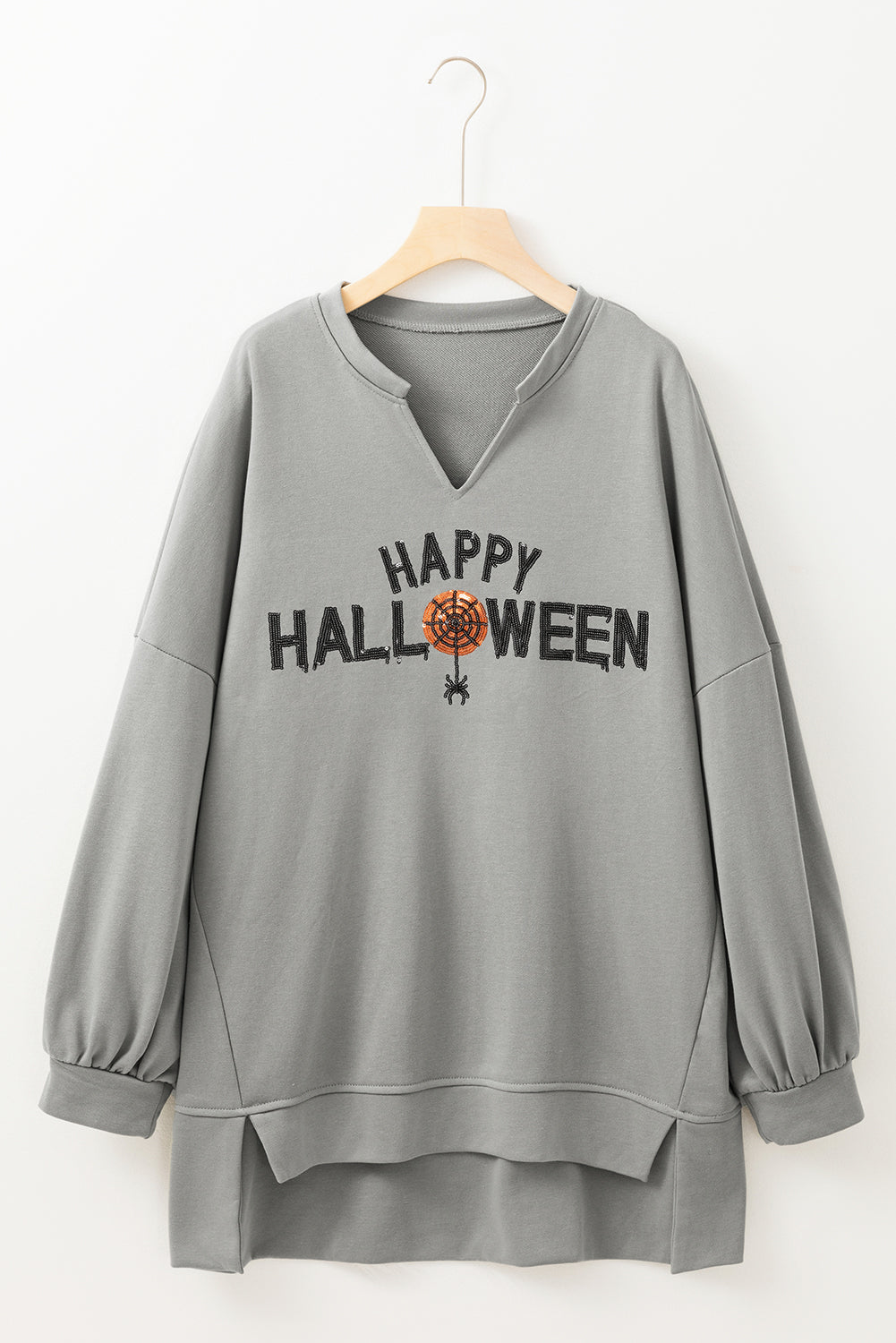 Sequin Happy Halloween Graphic Notched Neck Top