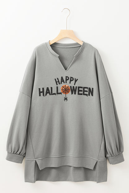 Sequin Happy Halloween Graphic Notched Neck Top