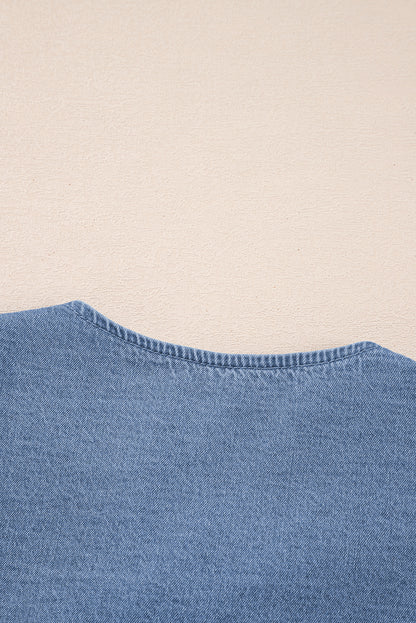 Blue Denim Tie Front Puff Sleeve Peplum Blouse