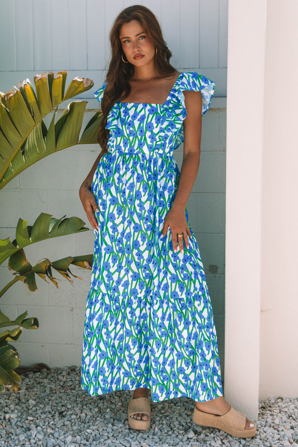 Pink Floral Square Neck Ruffle Sleeve Maxi Dress