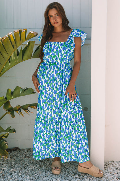 Pink Floral Square Neck Ruffle Sleeve Maxi Dress