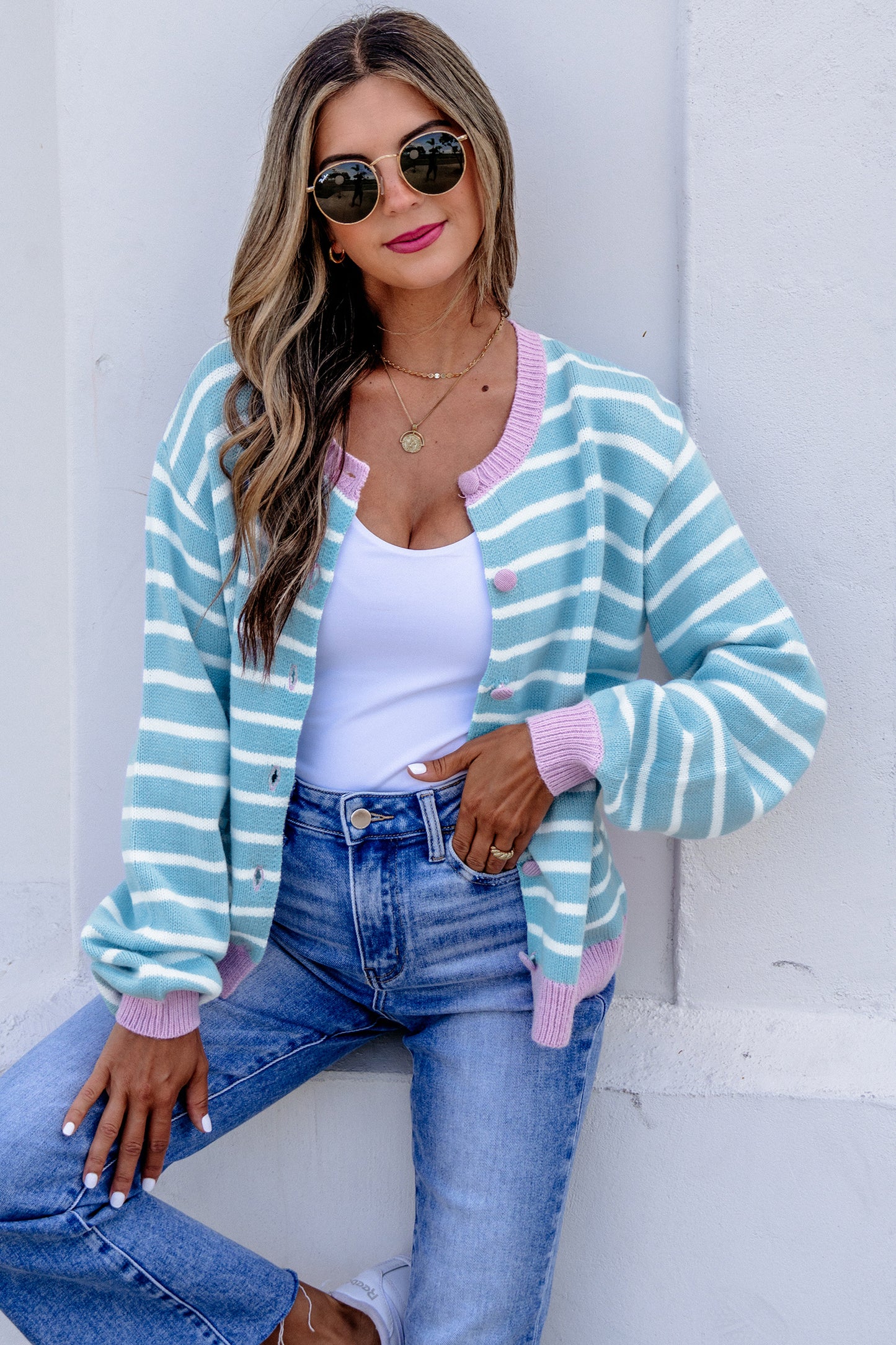 Sky Blue Pastel Stripe Button Knit Cardigan Sweater Top