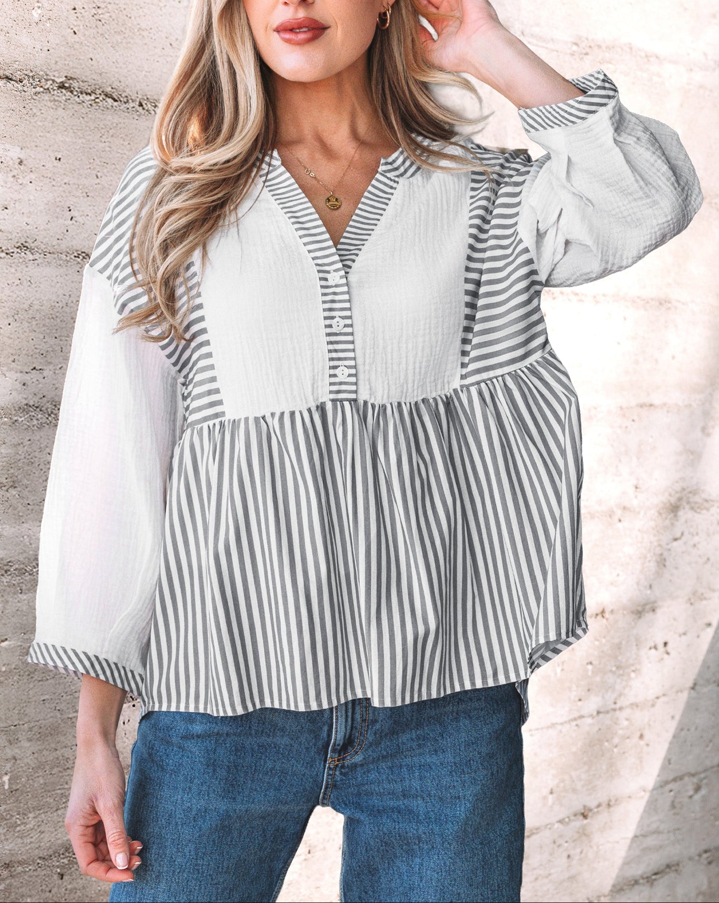 Gray Stripe Half Button Gauze Patchwork Bracelet Sleeve Babydoll Blouse