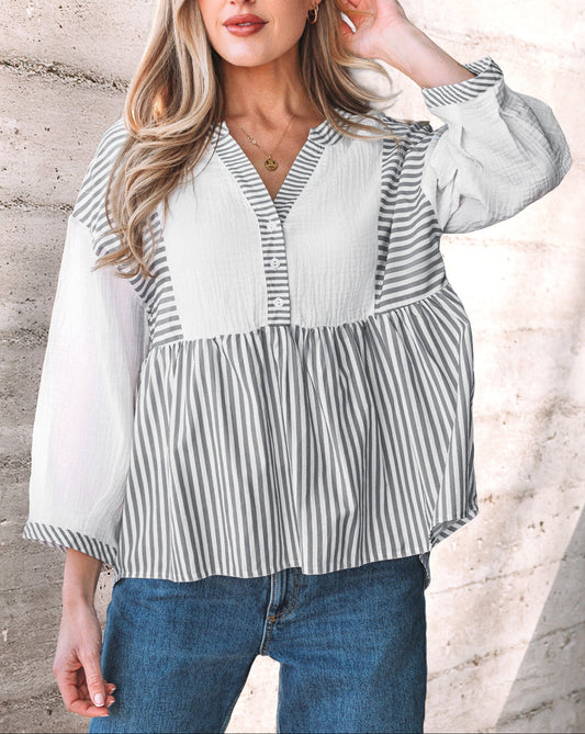 Gray Stripe Half Button Gauze Patchwork Bracelet Sleeve Babydoll Blouse