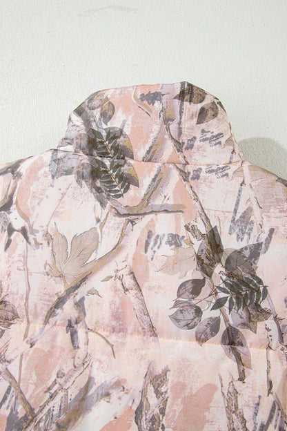 Brown Camo Leaf Print Lightweight Winter Puffer Vest