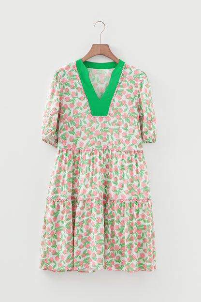 Easter Floral Ricrac Trim Puff Sleeve Dress