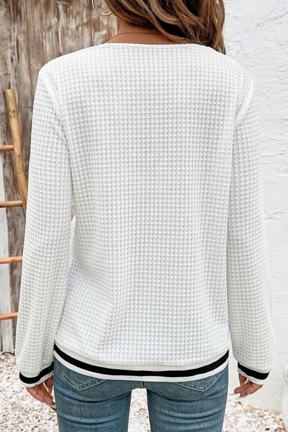 White Waffle Knit V Neck Long Sleeve Top with Striped Trim