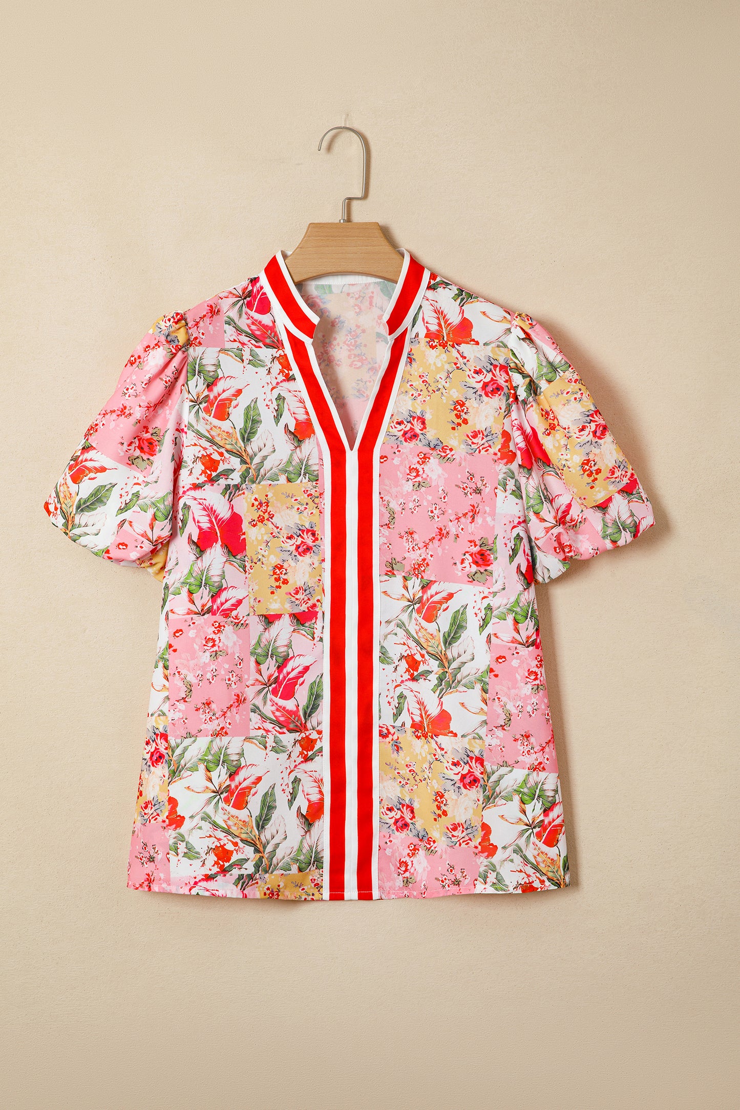 Pink Floral V Neck Puff Sleeve Blouse Women Summer Top