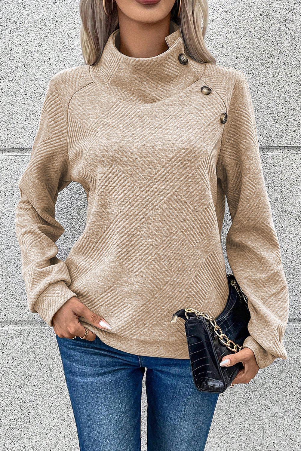 Black Asymmetric Buttons Detail High Neck Textured Sweatshirt