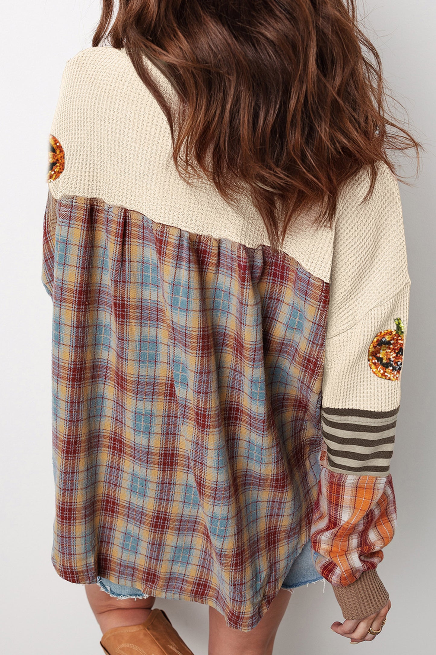 Sequin Pumpkin Waffle Henley Plaid Sleeve Halloween Top