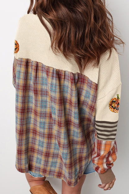Sequin Pumpkin Waffle Henley Plaid Sleeve Halloween Top