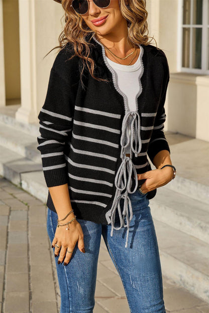 Striped Tie-Front Cardigan – Loose Fit Contrast Knit Top
