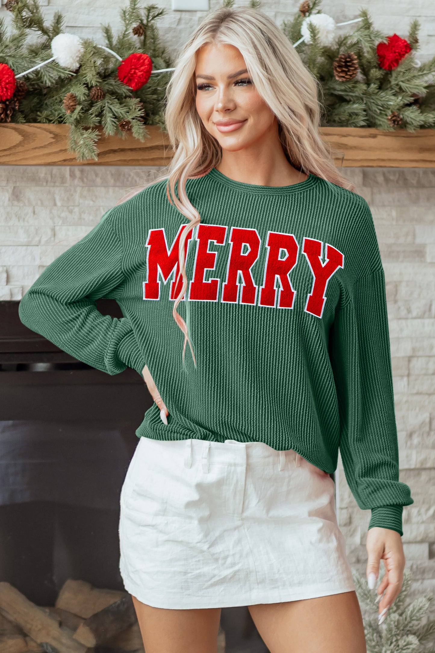 Corduroy MERRY Letter Christmas Pullover Sweatshirt