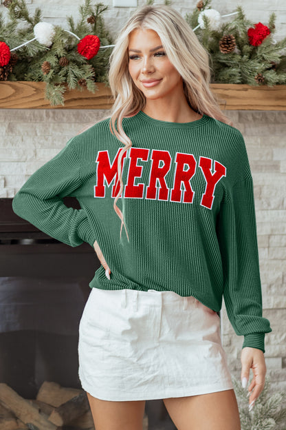 Corduroy MERRY Letter Christmas Pullover Sweatshirt