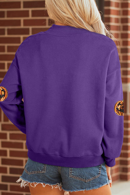 Sequin Pumpkin Spooky Mock Neck Halloween Sweatshirt