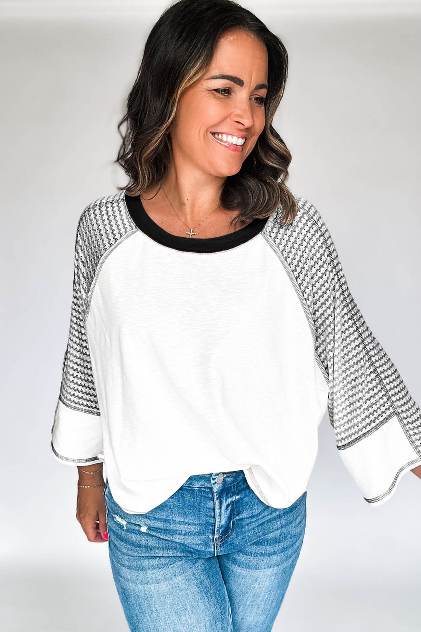 Black Striped Raglan Sleeve Top with Bracelet Sleeves