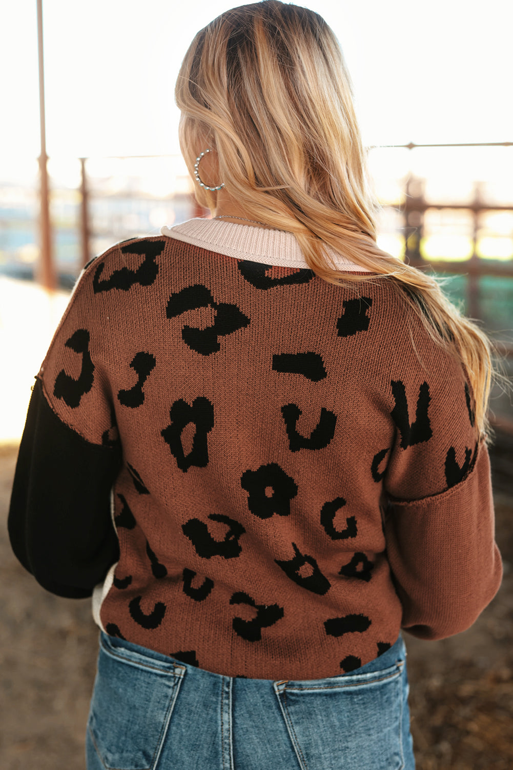 Coffee Leopard Print Colorblock Pullover Sweater