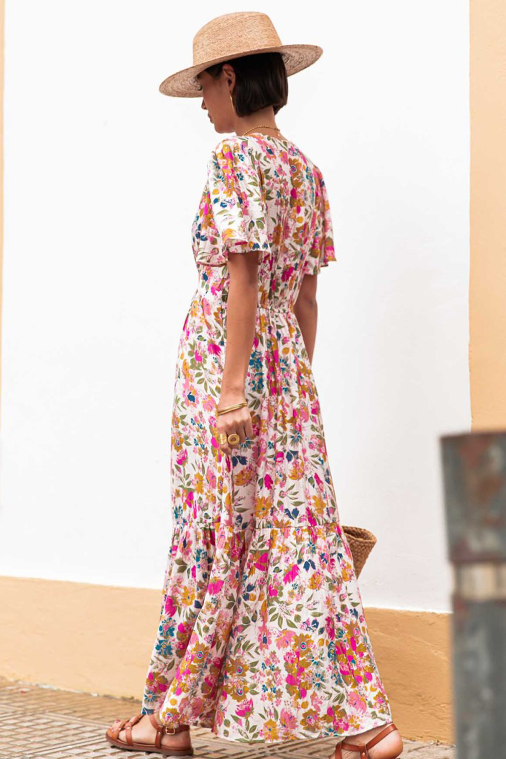 Easter Floral V Neck Short Sleeve Boho Maxi Dress