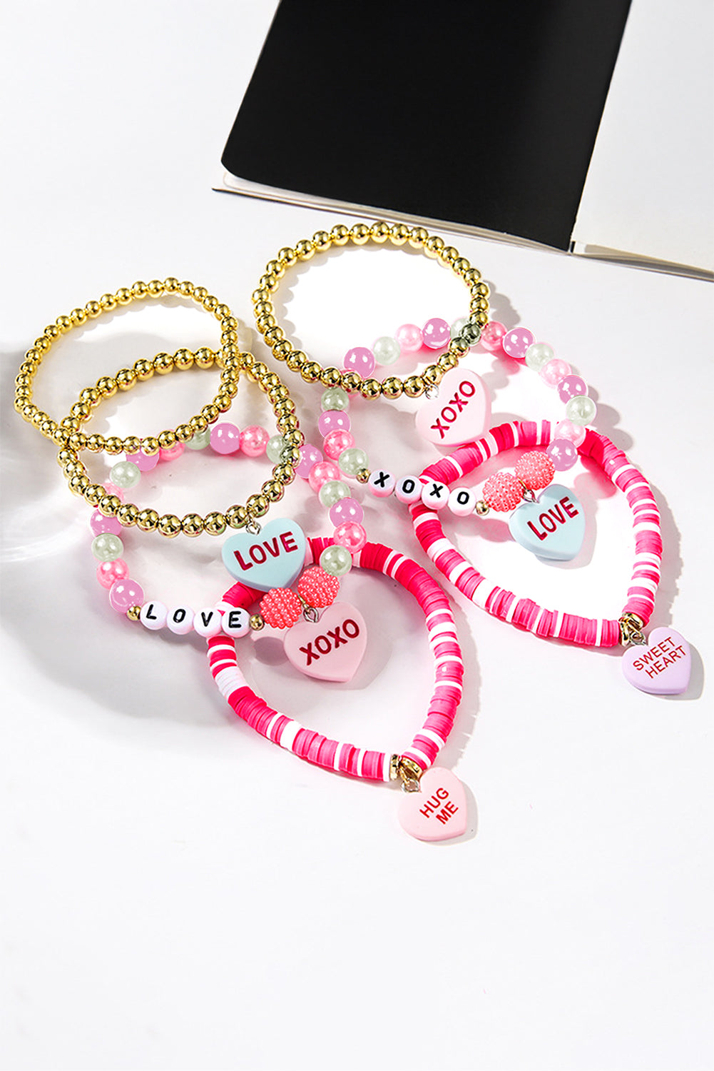 Valentine Heart Beaded Elastic Bracelet Stack Set