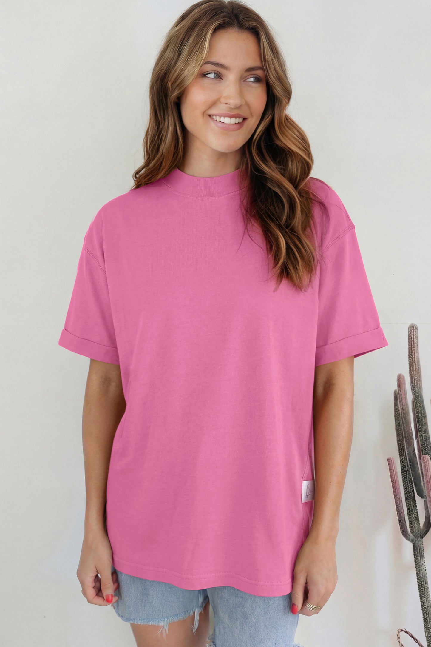 Dark Blue Oversized Mock Neck Tee Casual Relaxed Top