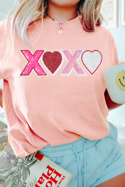 Pink XOXO Sequin Heart Graphic Valentines Day T Shirt
