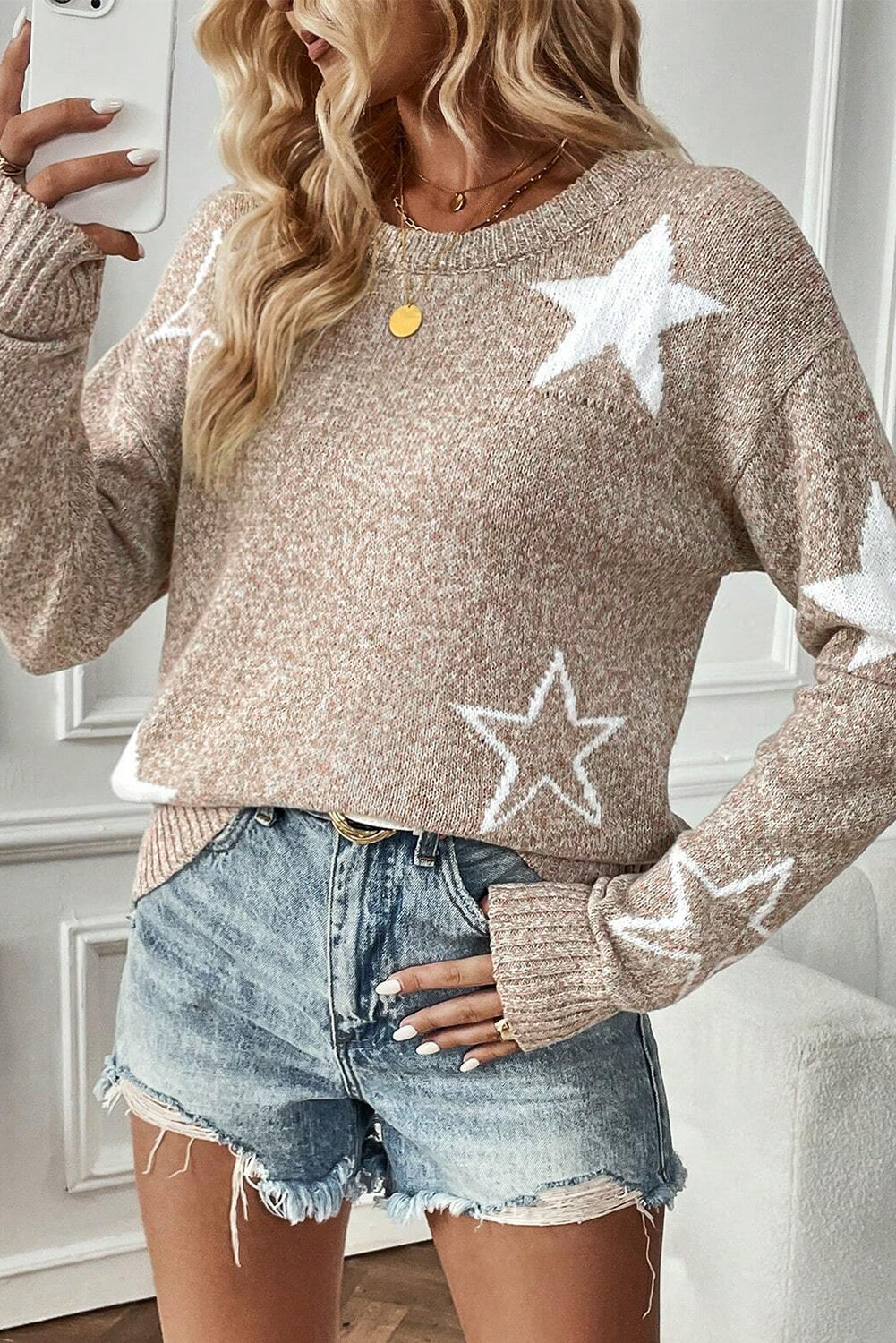 Green Star Pattern Drop Shoulder Sweater