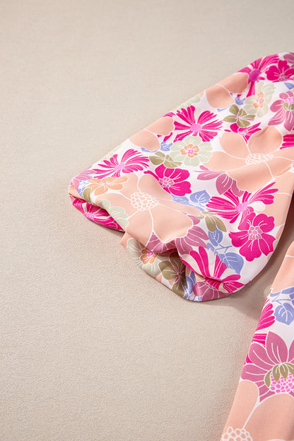 Pink Floral Square Neck Puff Sleeve Babydoll Dress