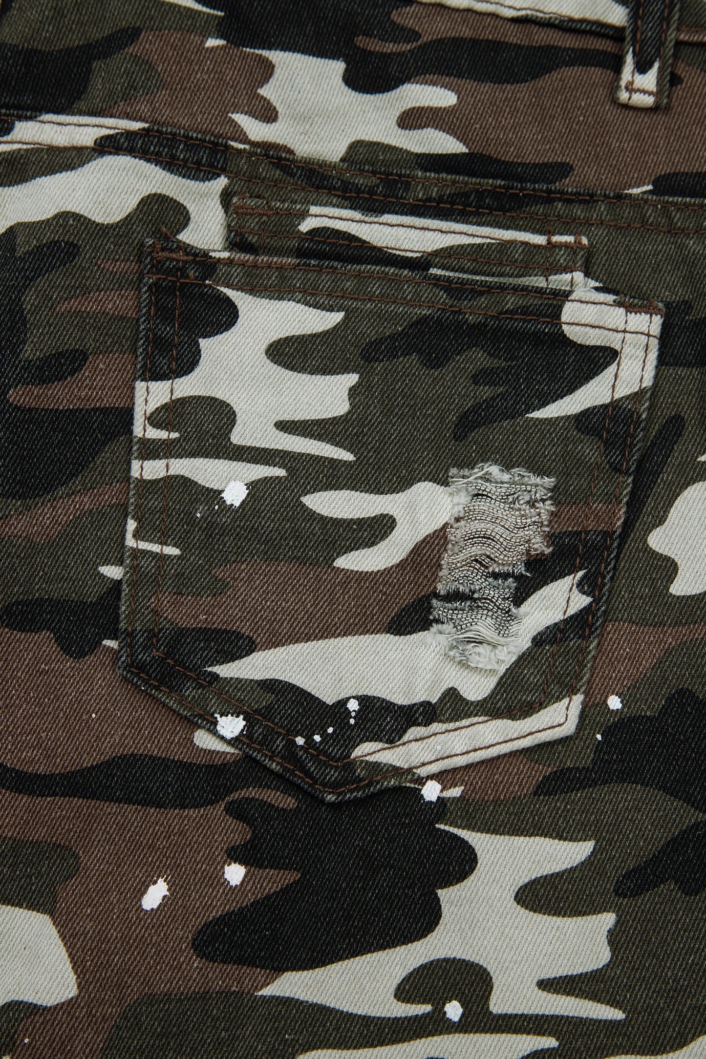 Green Camouflage Distressed Loose Fit Denim Pants