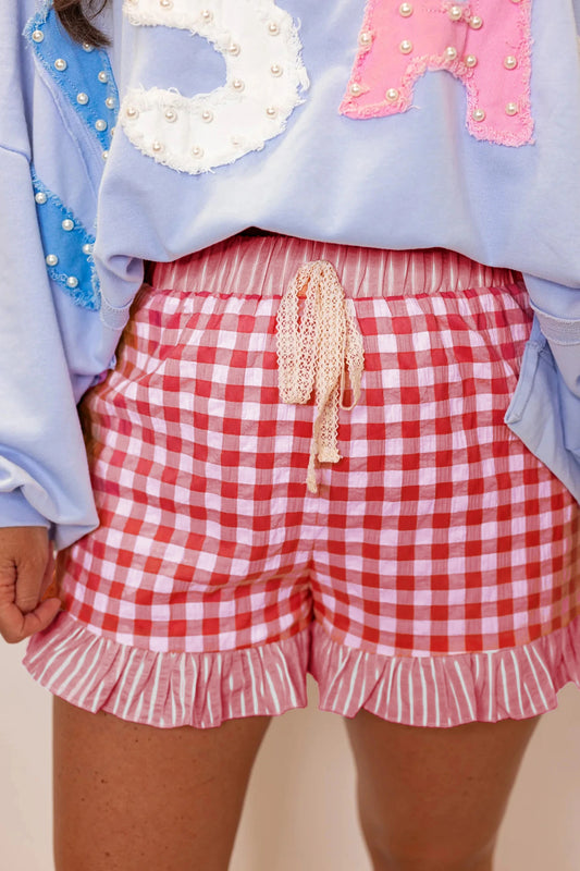 Gingham Ruffle Hem High Waist Summer Shorts