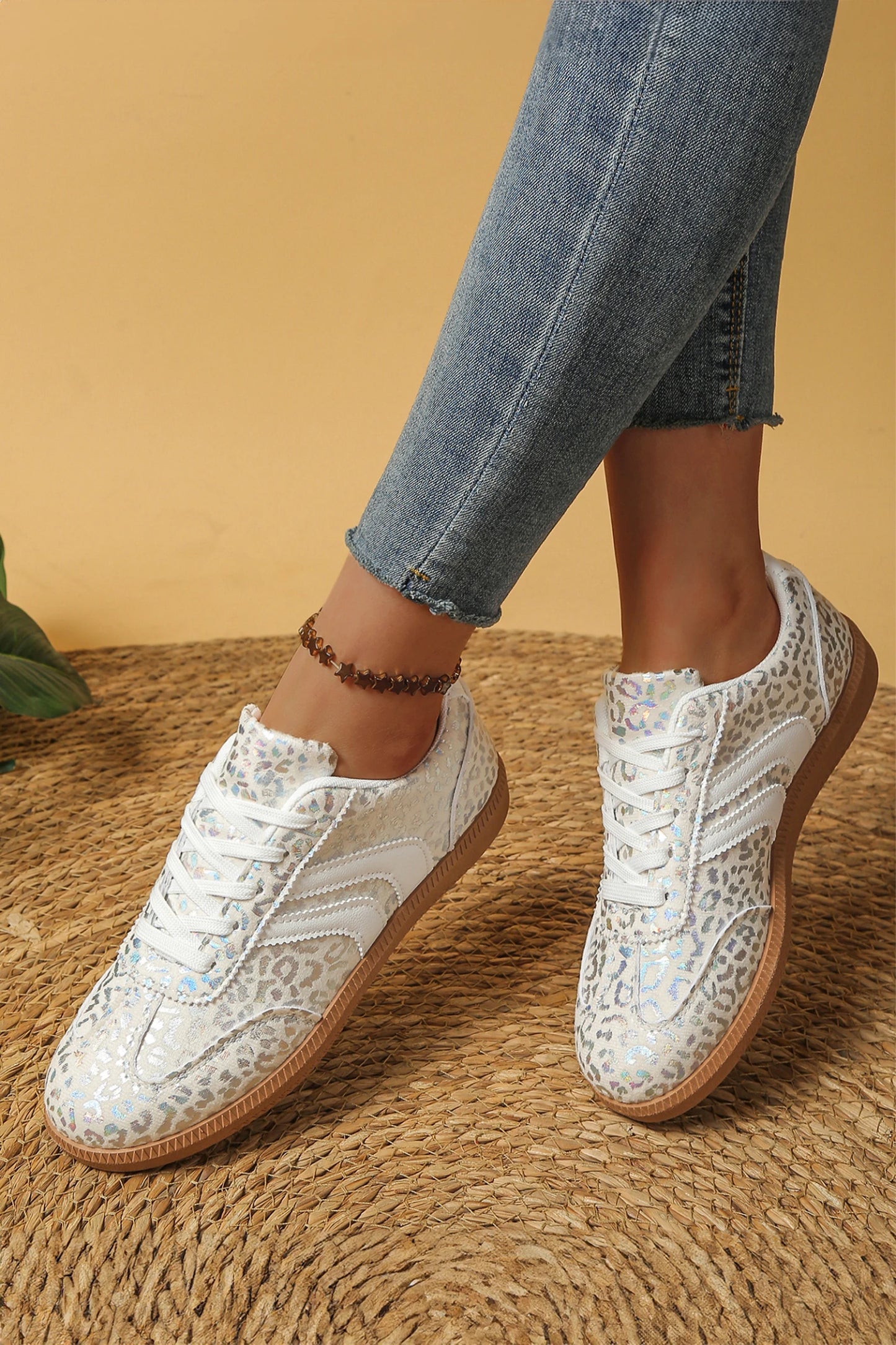 Leopard Print Shimmer Lace Up Sneakers PU Leather Shoes