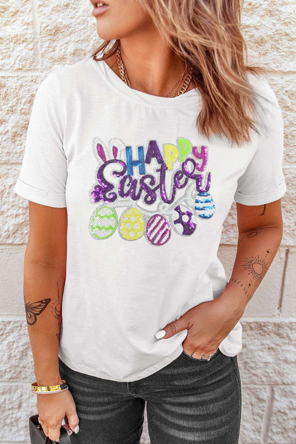Happy Easter Sequin Patch Graphic Crewneck Tee
