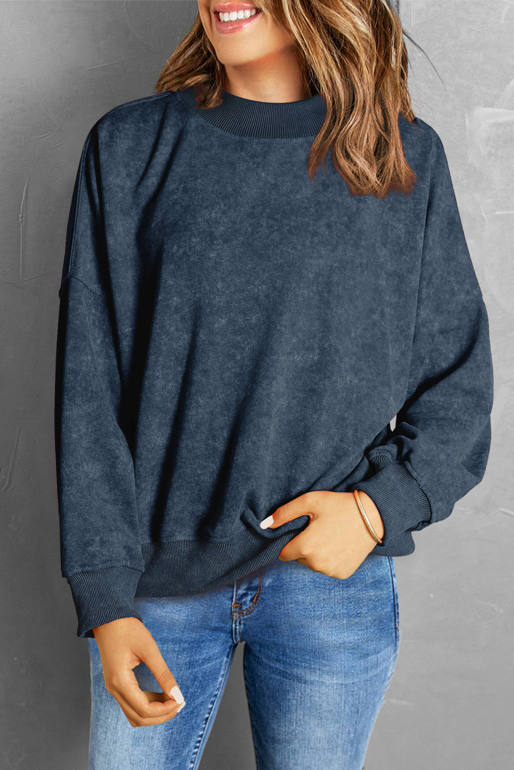 Washed Sky Blue Drop Shoulder Crew Neck Sweatshirt