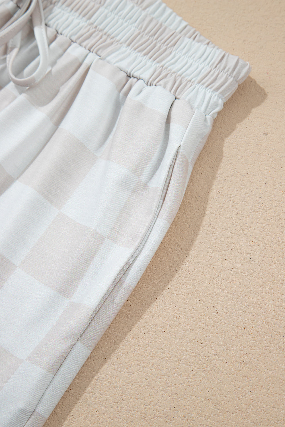 Beige Checkered Lounge Set V Neck Tee Shorts