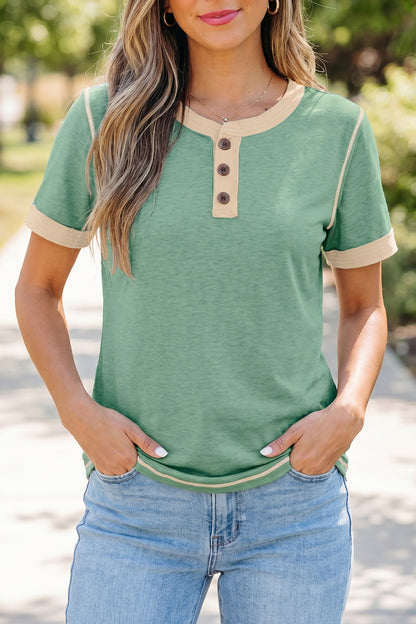 Short Sleeve Contrast Trim Button Henley Tee
