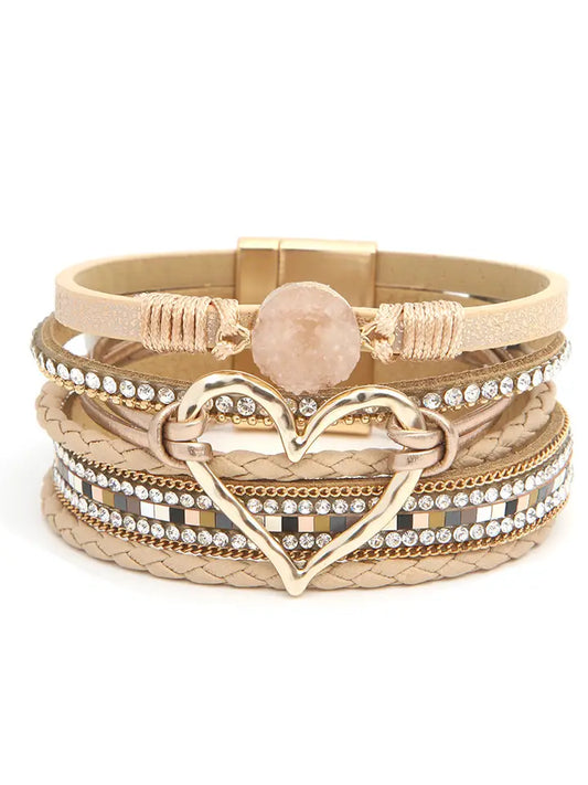 Beige Boho Rhinestone Heart Charm Layered Wrap Bracelet