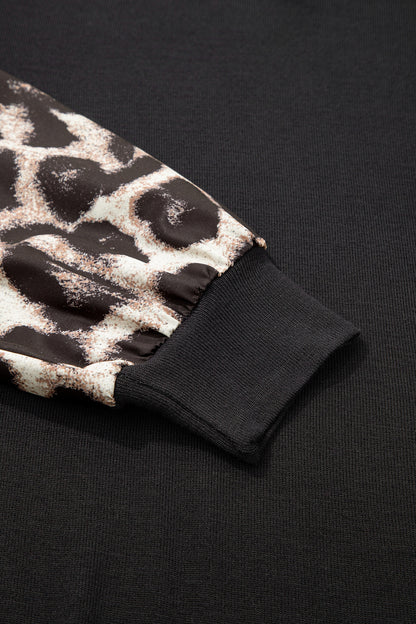 Black Leopard Puff Sleeve Patchwork Casual Top
